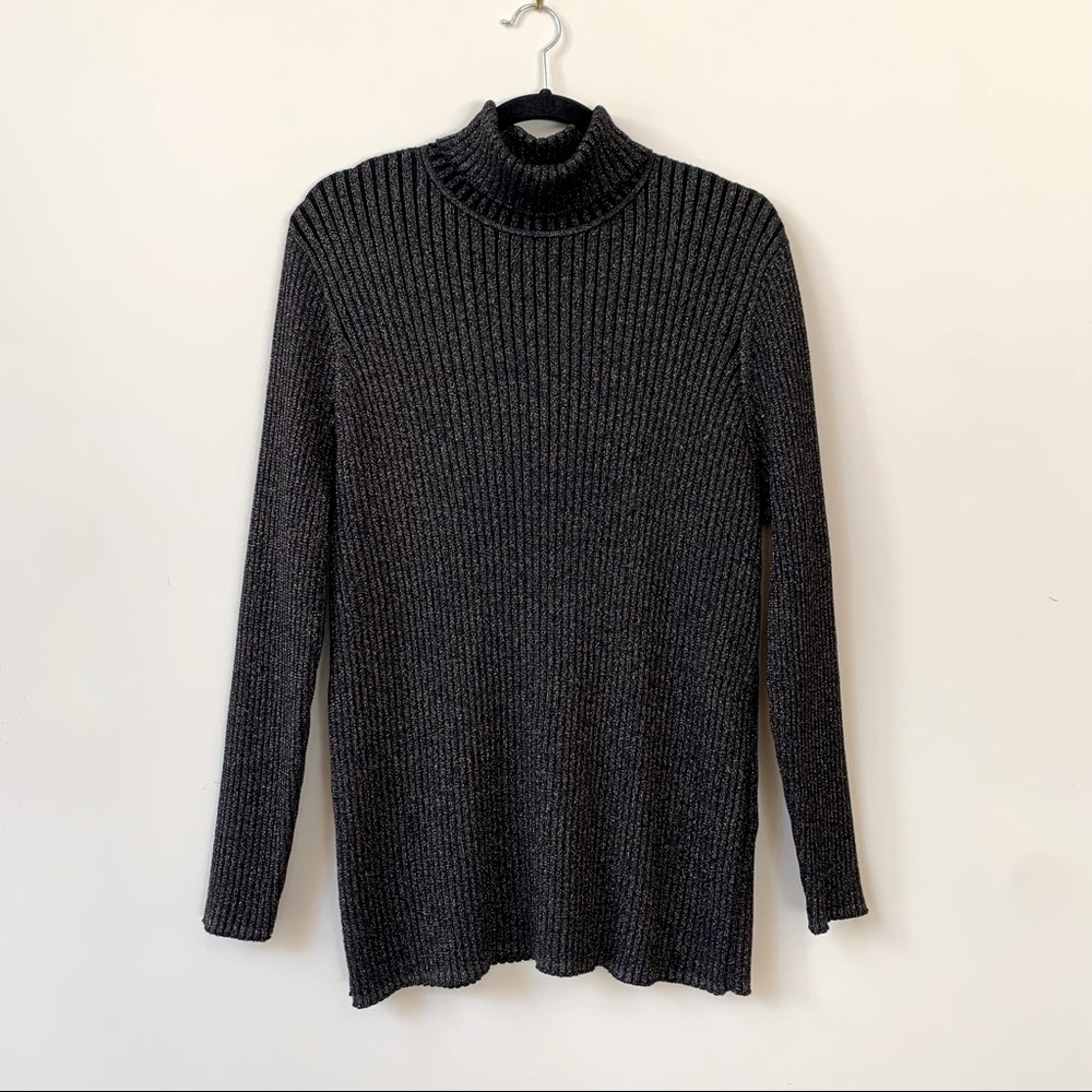 Chico’s Size 4 US Metallic Navy and Gold Knit Turtleneck Sweater